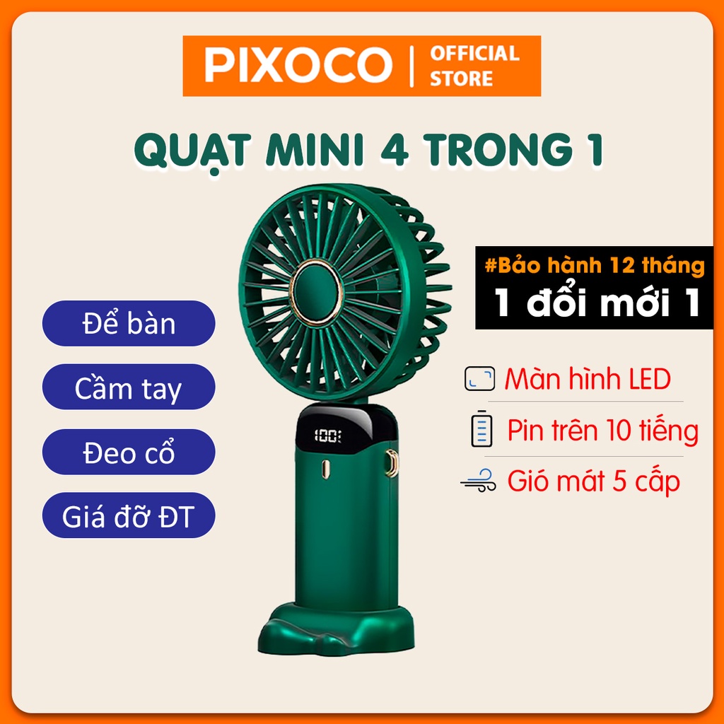 Quạt mini cầm tay N15 màn hình led, gió 5 cấp siêu mát, quạt để bàn kèm giá đỡ điện thoại