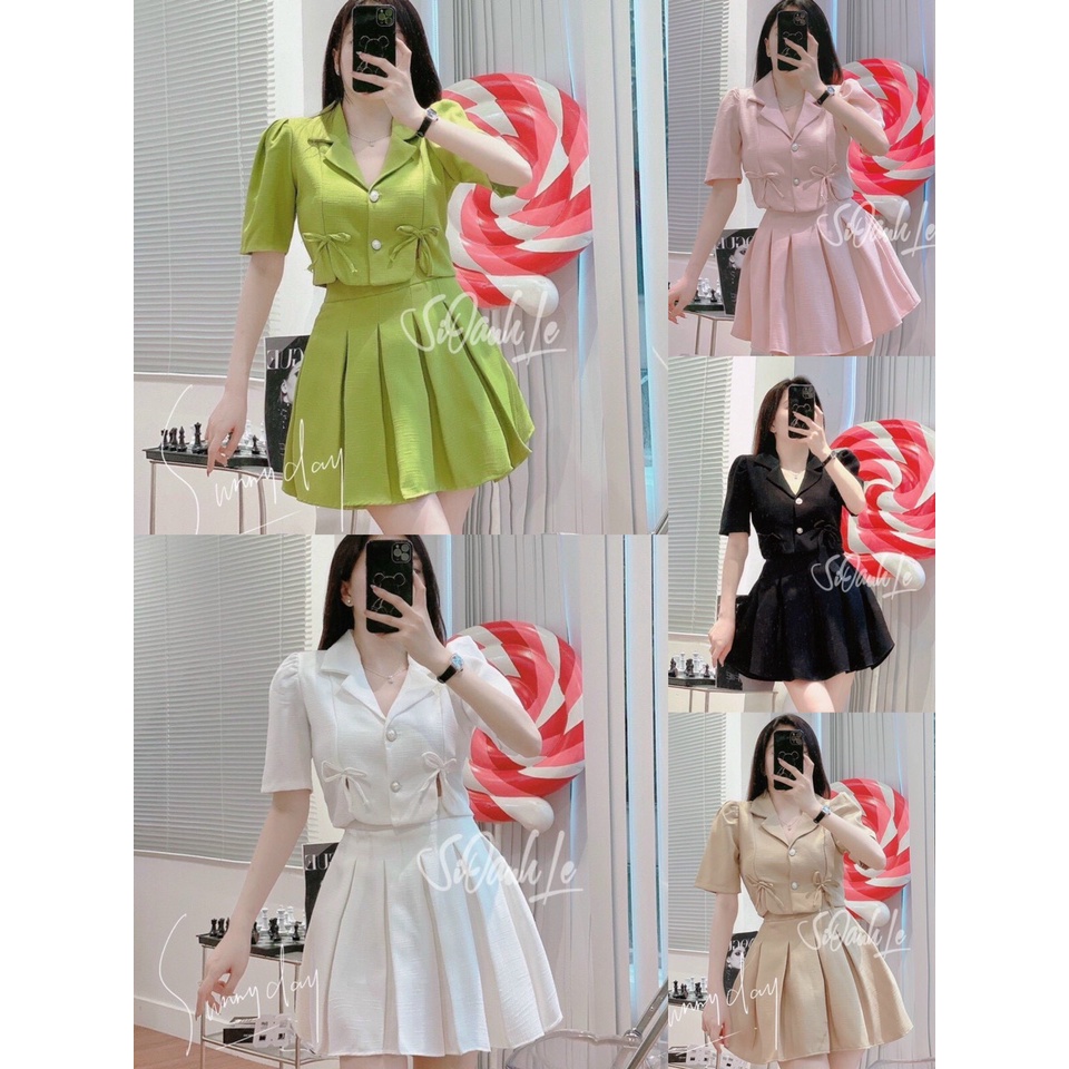 SET VÁY THỜI TRANG NỮ ÁO NƠ VÁY XẾP LY TAY BỒNG SIÊU DỄ DƯƠNG KÈM ẢNH THẬT PHÙ HỢP HẸN HÒ,CAFE,SINH NHẬT...VVV