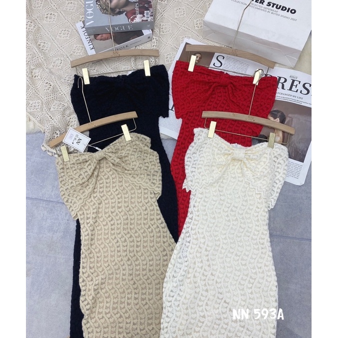 Váy body ren nhung trễ vai nơ ngực dáng dài siêu xinh