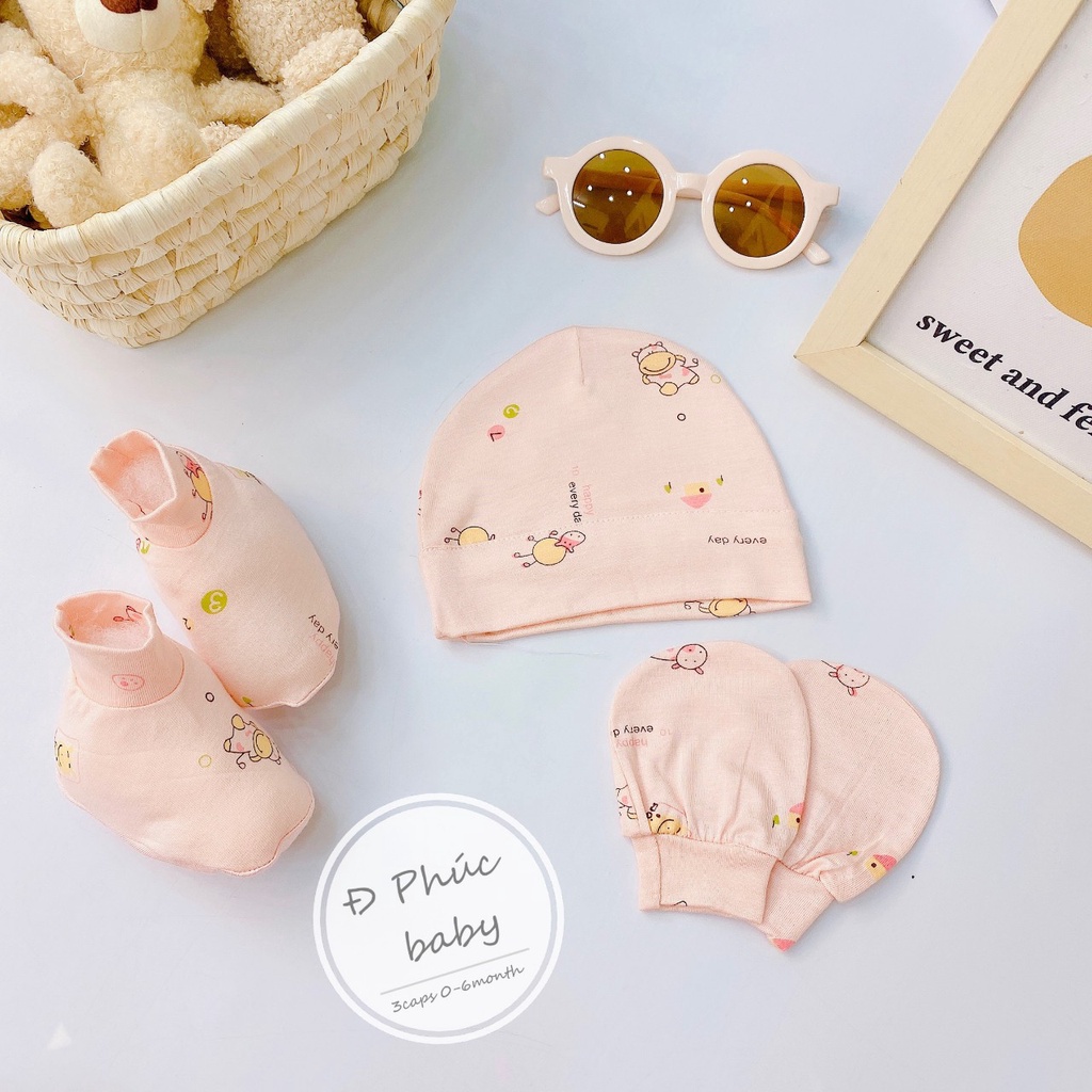 Set Mũ Bao Tay Chân Thun Lạnh Họa Tiết Xinh Cho Bé Sơ Sinh