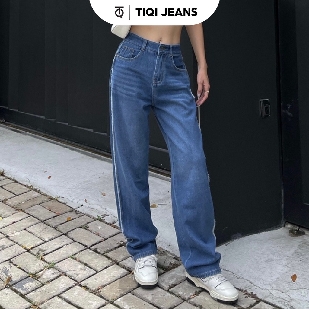 Quần Jean ống rộng suông nữ màu xanh sọc trắng TiQi Jeans B2-241