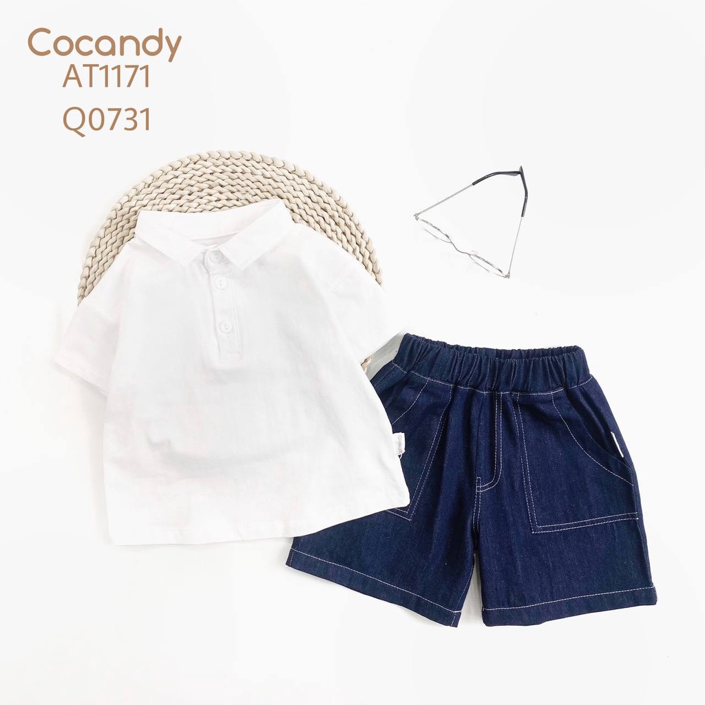 Set đồ cho bé -Áo CỘC thun trắng có cổ và Quần cộc jean XANH viền TRẮNG cho bé của COCANDY mã AT117100,Q0731