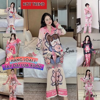 ẢNH THẬT pijama tay dài lụa xước thiết kế cao cấp hot trend, đồ bộ nữ lụa xước cao cấp , pijama nữ giá rẻ tận xưởng