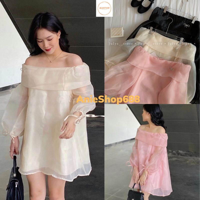 Áo trễ vai tay bồng dài tặng kèm tag nơ đá cài áo vải voan tơ 2 lớp tiểu thư bánh bèo đầm trễ vai vo