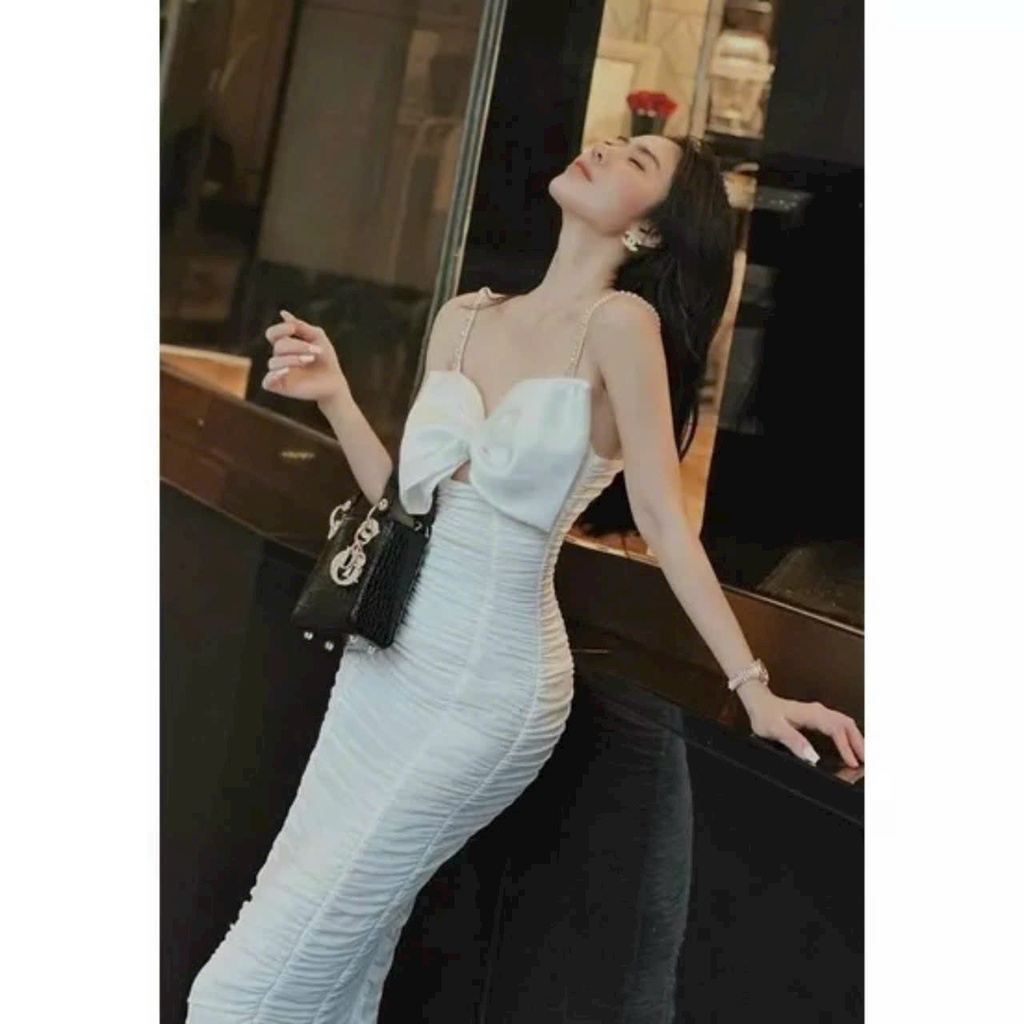 Đầm 2 dây body nhún  nơ ngực fom chuẩn tôn dáng