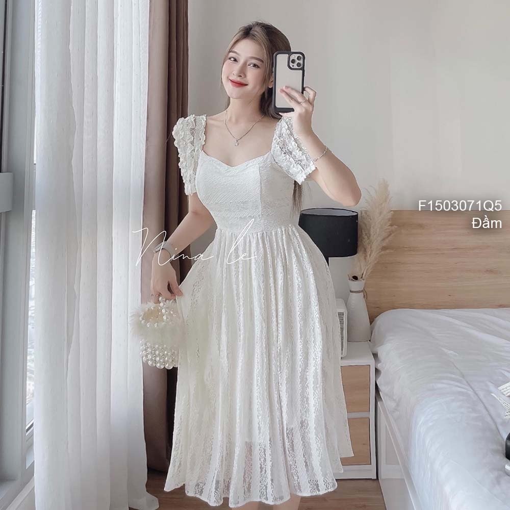 Đầm kiểu xòe ren dáng dài hai lớp hở lưng tay ngắn phối viền bèo hàng QC!