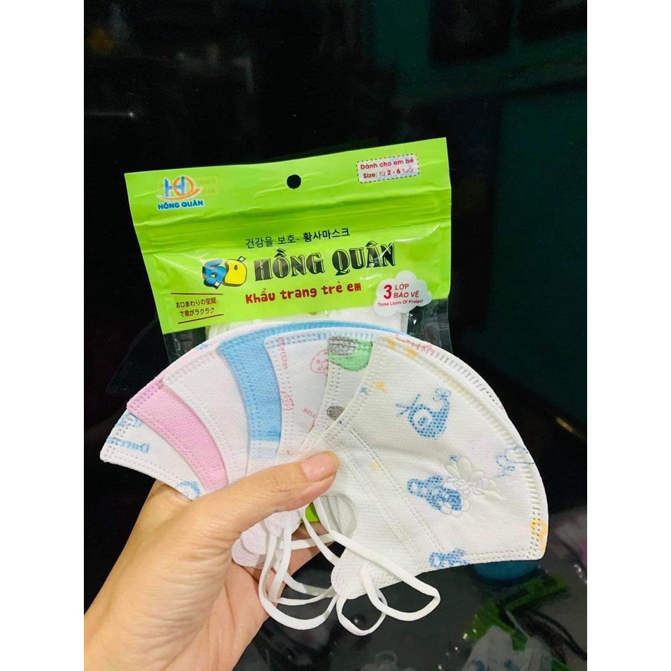 KHẨU TRANG 5D  CHO BÉ, TRẺ EM 1-6 TUỔI hiệu HỒNG QUÂN, có combo 10 cái - 50 - 100 cái