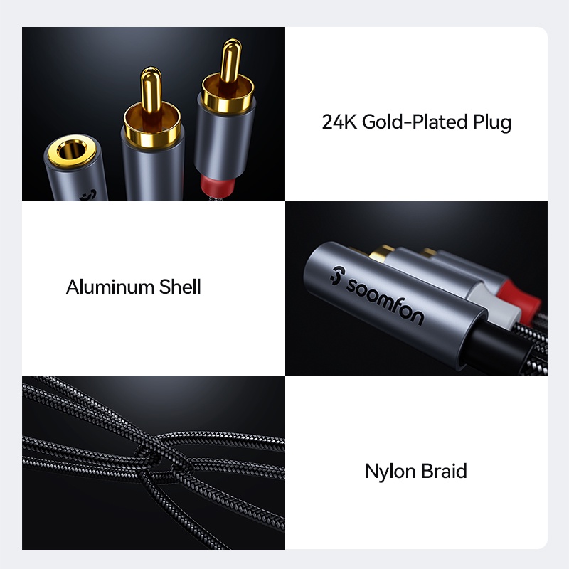 Cáp Âm Thanh SOOMFON 3.5mm Sang 2 RCA Mạ Vàng 24K Chất Lượng Cao
