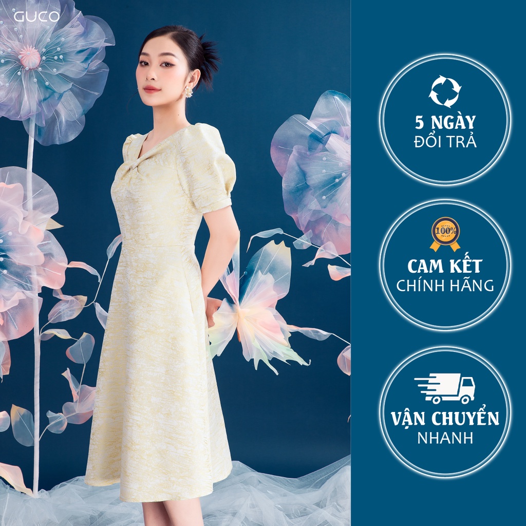 Đầm dáng xòe cổ nơ xoắn 3846 GUCO Vàng