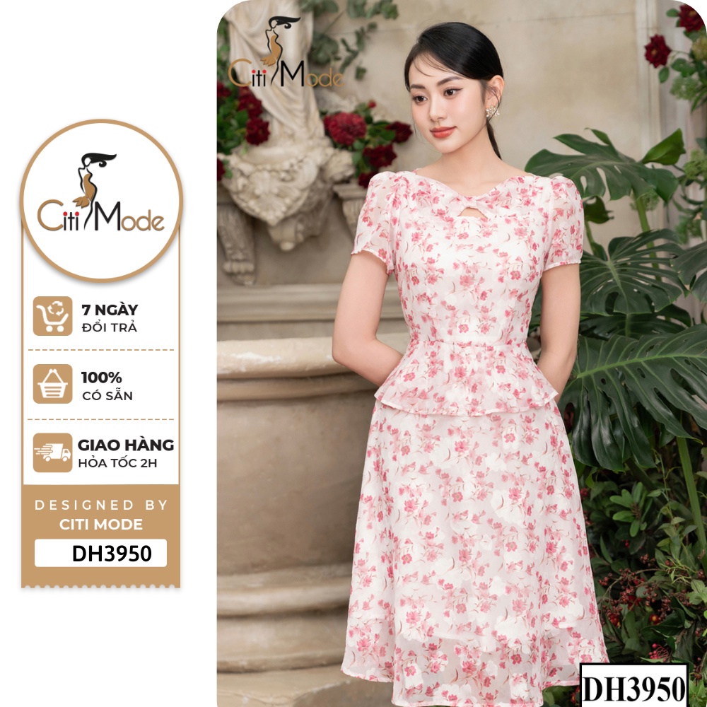 Đầm công sở CITI MODE FASHION thiết kế dáng xoè peplum hoa hồng phối cổ cách điệu DH3950
