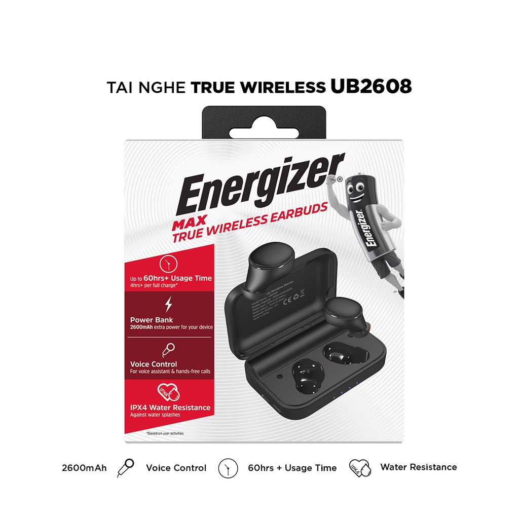 Tai nghe True Wireless Energizer UB2608 - kèm hộp sạc di động 2600mAh, chống thấm nước IPX4 - Hàng Chính Hãng