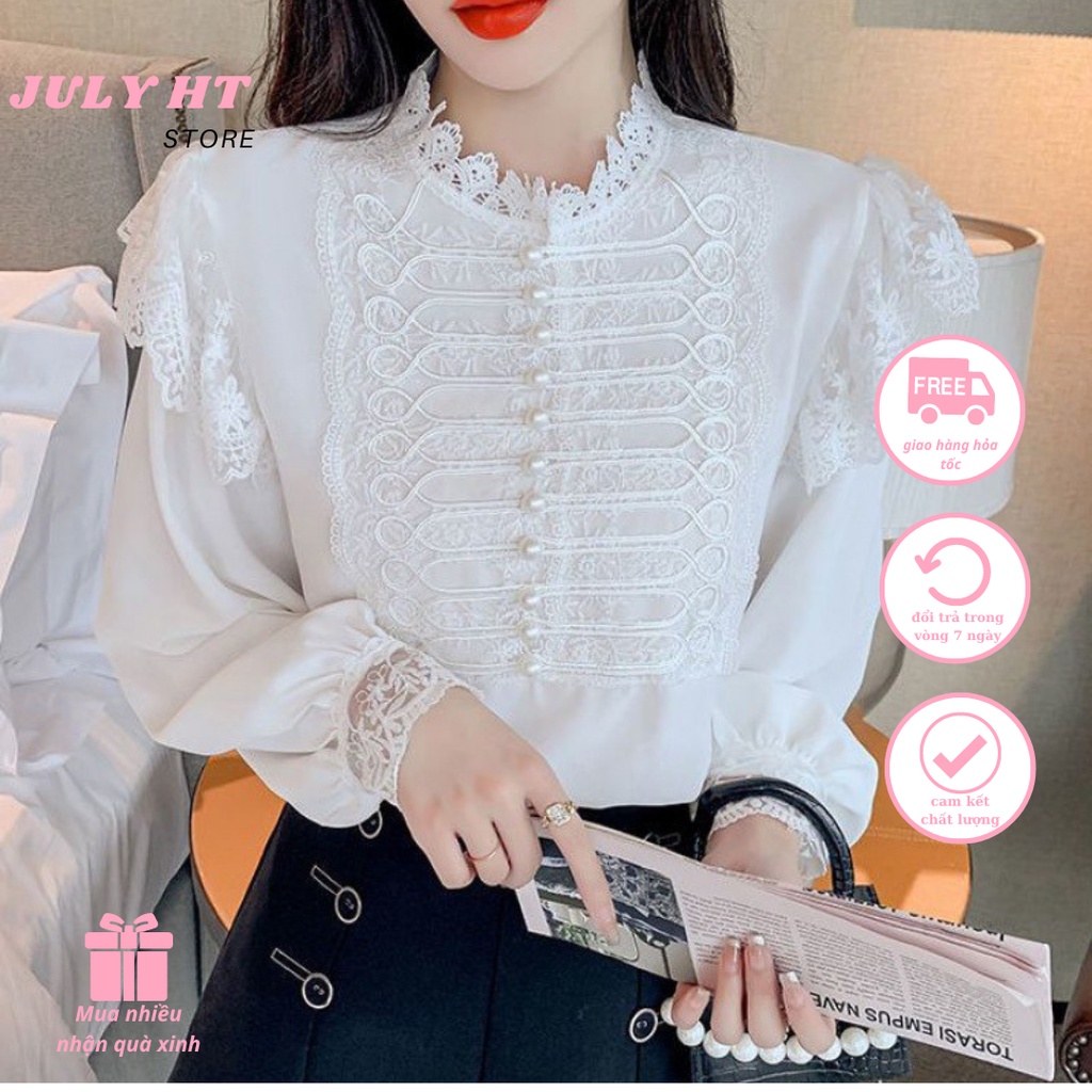 Áo Sơ Mi JULY HT Cách Điệu Dài Tay Họa Tiết Ren Diềm Xếp Nếp Rất Dễ Thương Thanh Lịch