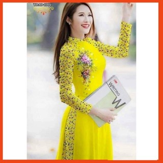 [ảnh thật} áo dài hoa nhí đủ size có cổ tròn tay lở và cổ y hình +kèm quần