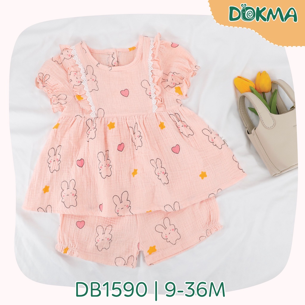 Bộ xô Muslin Dokma cho bé gái bề mặt vải mềm mại, thấm hút tốt thông thoáng cho bé.