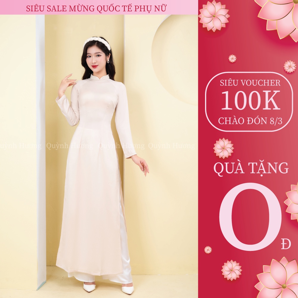 Áo dài chất lụa tây thi cổ truyền thống đính hạt màu be đậm by Quỳnh Hương