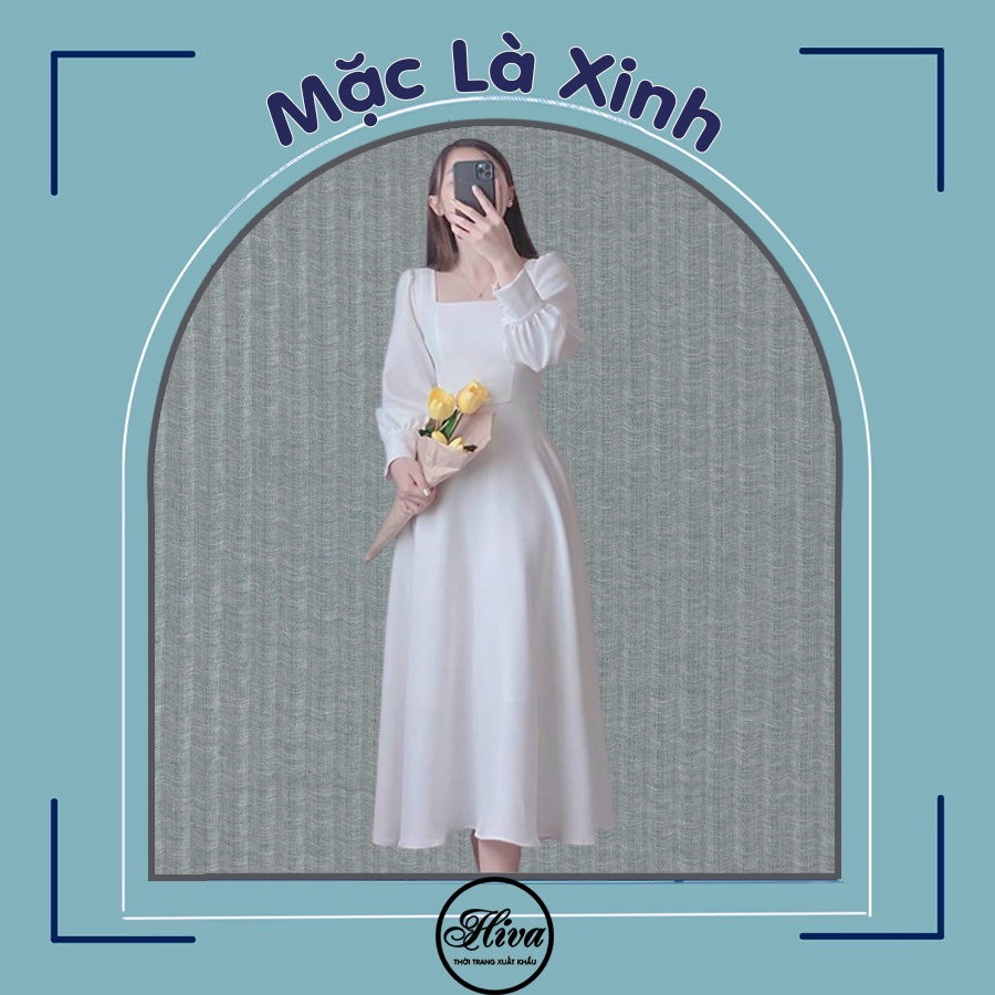 Đầm trắng dự tiệc thiết kế body cổ vuông dáng tay dài , Váy quà tặng sinh nhật ulzzang du lịch lễ hội xuân