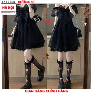 Đầm Tiểu Thư 2 Lớp Trễ Vai Ulzzang Hàn Quốc Dáng Xòe Nơ To Ngực Sang Chảnh