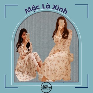 Váy trắng hoa nhí babydoll dáng dài vintage cổ tim cúc ngọc , Đầm thiết kế tay dài kiểu maxi