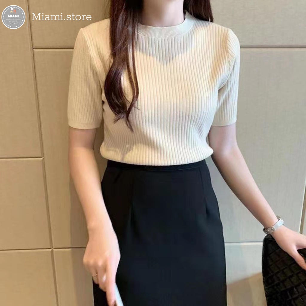 Áo thun nữ dệt kim ngắn tay cổ tròn phong cách Hàn Quốc dáng ôm mùa hè, áo sweater mỏng dáng ôm thời trang mùa hè cho nữ