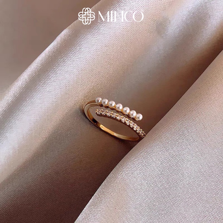 Nhẫn nữ viền đính hạt ngọc trai nhân tạo màu vàng Minco Accessorie sang chảnh NT99