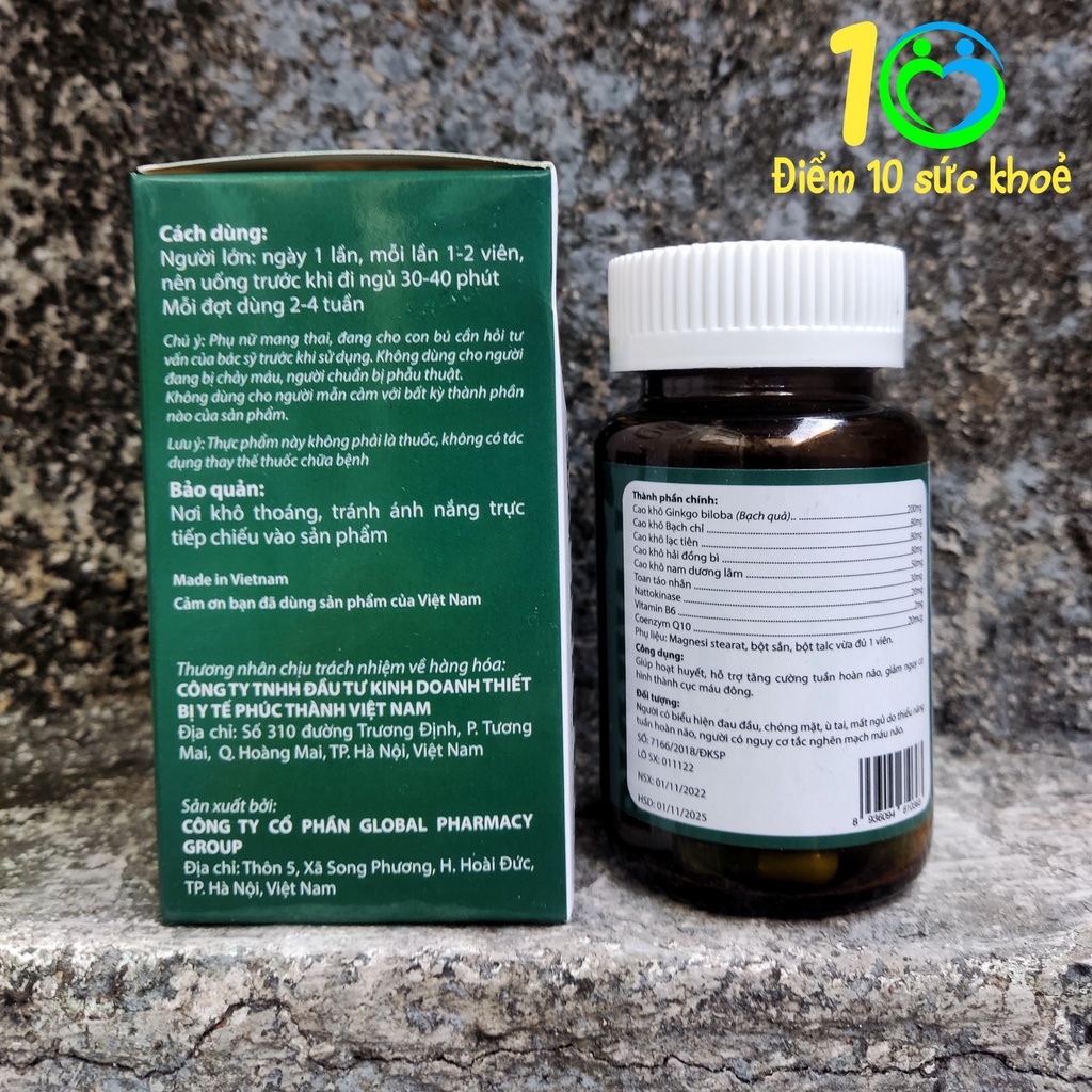 Viên uống bổ não BRAIN-PT Q10 tăng cường trí nhớ, giảm đau đầu, lưu thông máu não - 30 viên