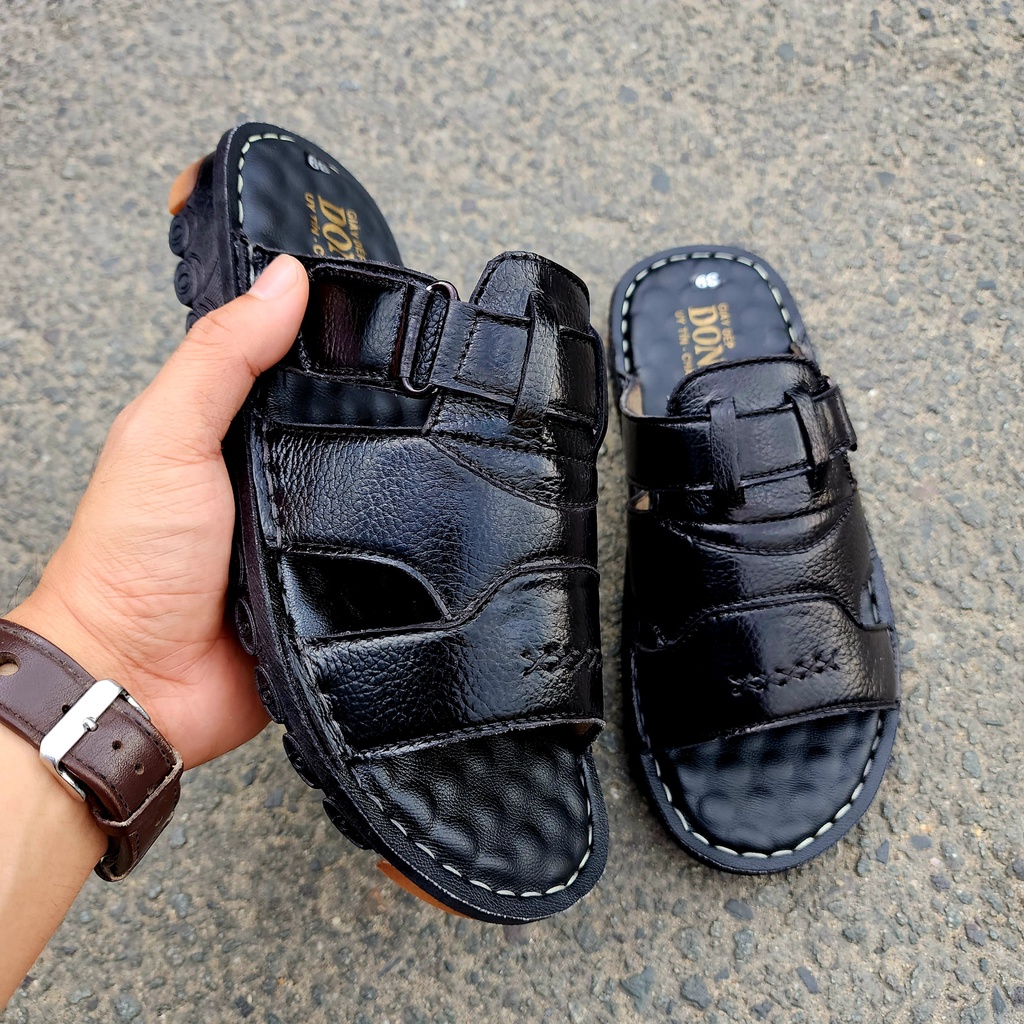 Dép quai ngang nam da bò 100% DONAVYMSK kiểu quai khóa cách điệu có miếng lót mssage đi êm chân D.MSK