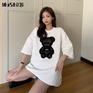 Áo thun MUSHIQI dáng rộng thêu hình gấu đơn giản thời trang độc đáo cho nữ
