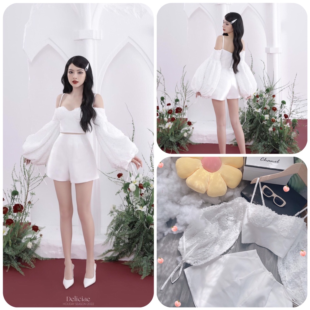 SET ÁO TRỄ VAI TAY REN + QUẦN SHORT TRẮNG