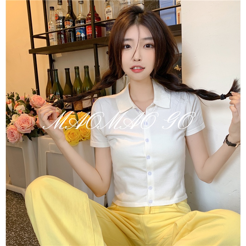 Maomao GO Áo polo Dệt Kim Tay Ngắn Hở Vai Chất Liệu Cotton