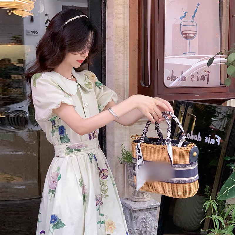 Váy hoa cổ bèo, dáng xòe chất vải thô hàng thiết kế đẹp