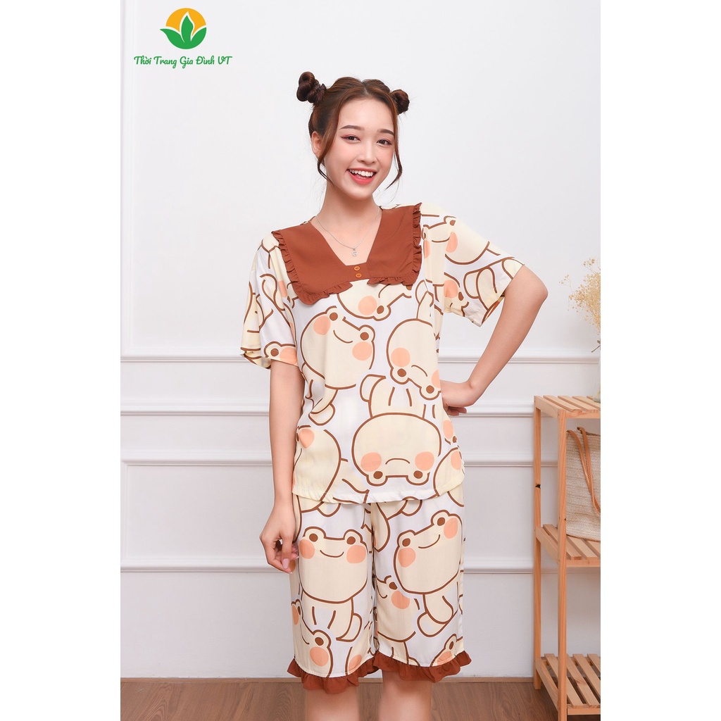 Bộ mặc nhà nữ mùa hè Việt Thắng, quần lửng, áo cộc tay, chất liệu lanh tole - B06.2303