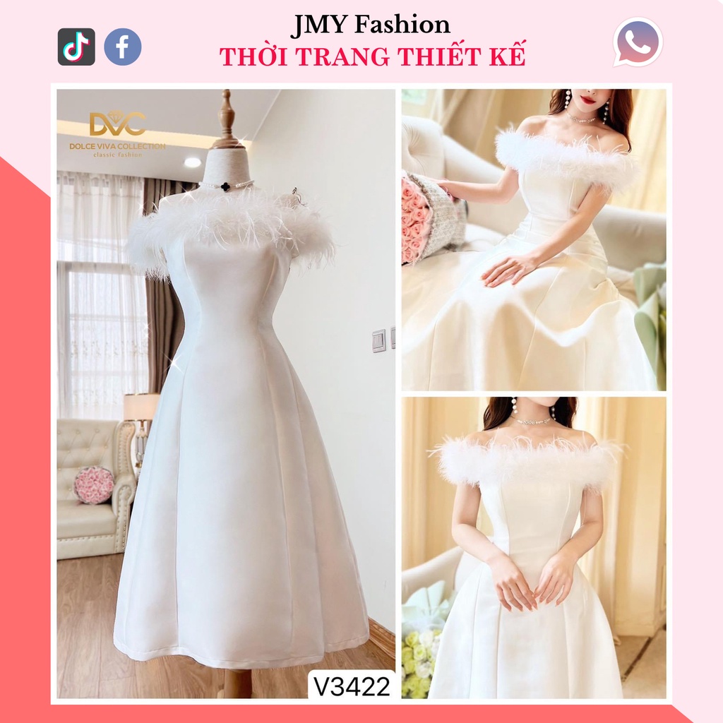 váy đầm trắng tafta dự tiệc xoè bẹt vai sang chảnh