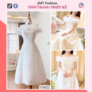 V3422 Váy trắng trễ vai lông vũ nữ tính [DVC&ACC] váy đầm trắng tafta dự tiệc xoè bẹt vai sang chảnh