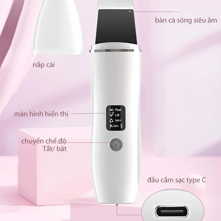 Máy cà da chết ION âm, Máy cà da sủi da mặt tẩy tế bào chết EMS làm sạch bã nhờn lỗ chân lông