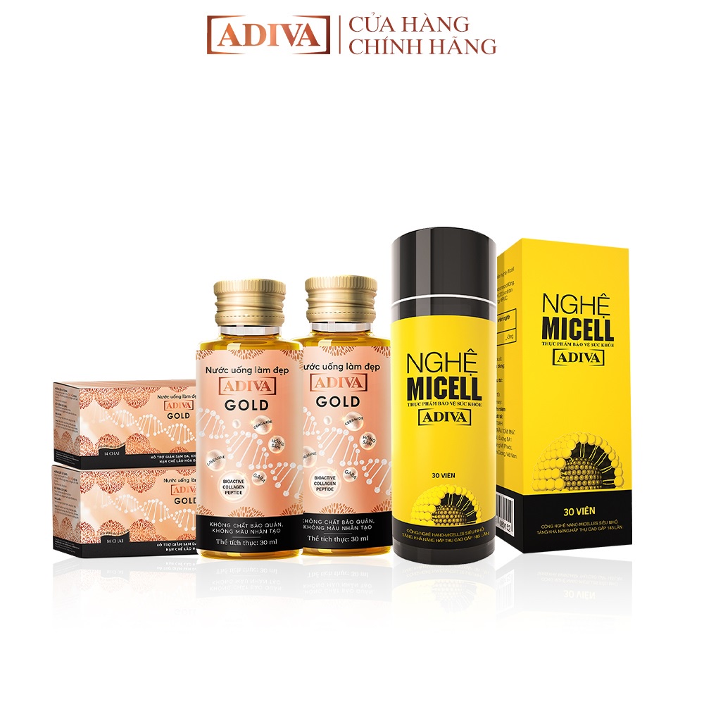 Combo 2 Hộp Nước Uống Làm Đẹp Collagen ADIVA Gold (14 Chai/Hộp) + 1 Hộp Nghệ Micell ADIVA 30 Viên