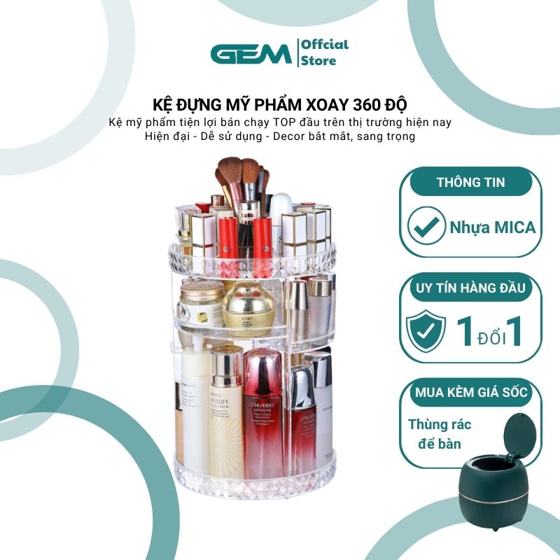 Kệ mỹ phẩm trụ xoay 360 độ - Kệ đựng đồ trang điểm trong suốt vân kim cương hình trụ để bàn bằng nhựa