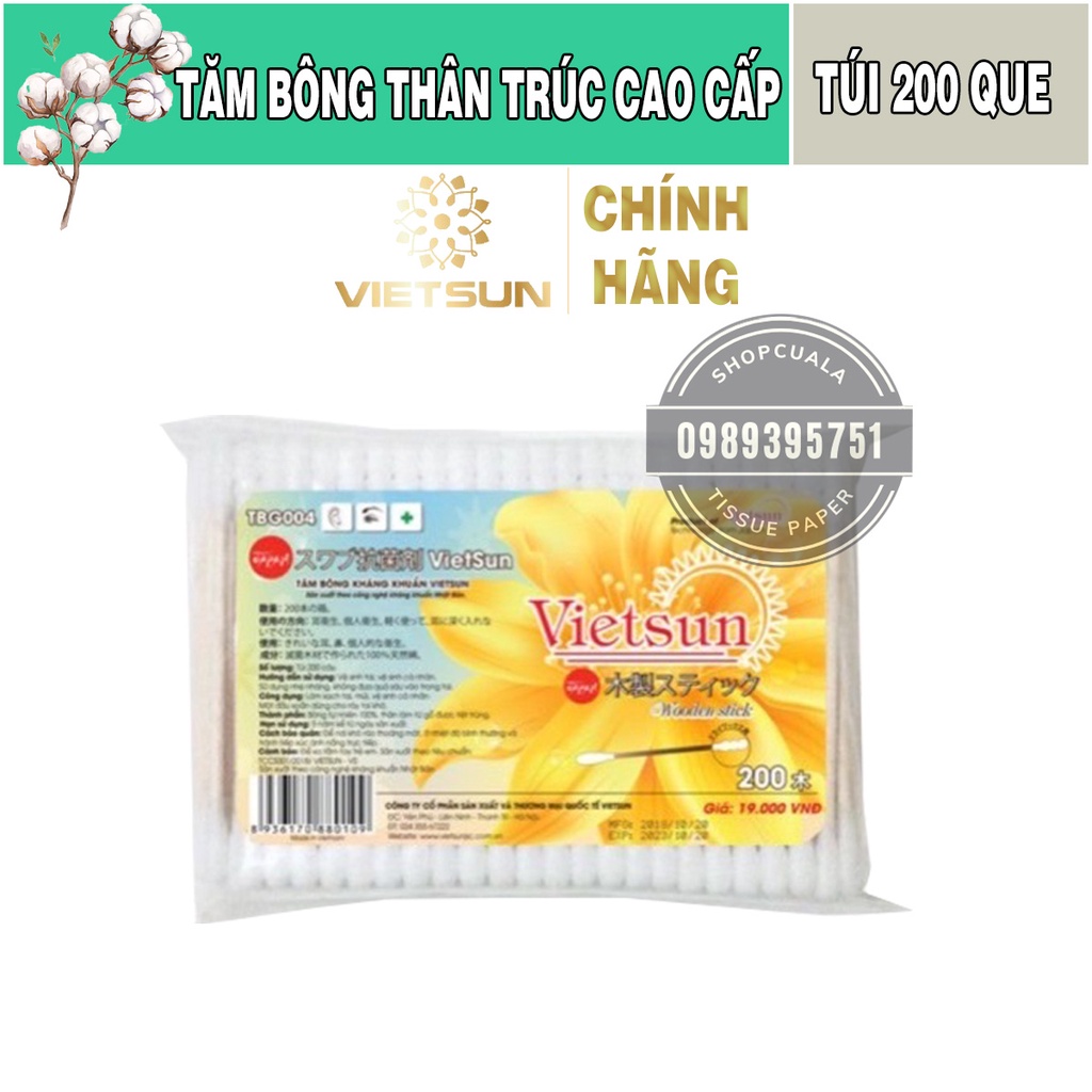 Tăm bông thân trúc cao cấp Vietsun từ 100% cotton tinh chế - hộp 200 que