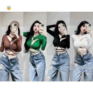 Áo croptop tay dài khoét cắt rút dây buộc eo kiểu lạ đẹp