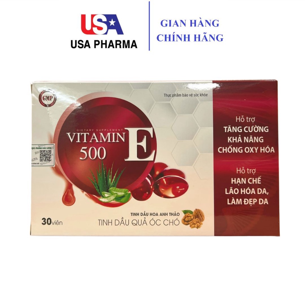 Vitamin E 500, E Đỏ Tinh Dầu Quả Óc Chó,Chống Oxy Hóa,Chống Lão Hóa Da, Bổ Sung Vitamin E, Sáng Da, Đẹp Da - Hộp 30 viên