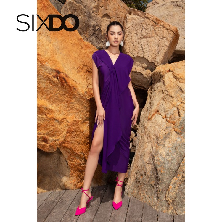 Đầm lụa tím midi cổ V thời trang SIXDO