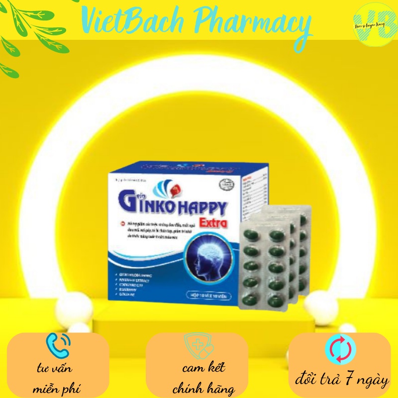 Ginko Happy Extra giúp hoạt huyết lưu thông khí huyết hỗ trợ tăng cường tuần hoàn não hộp 100 viên