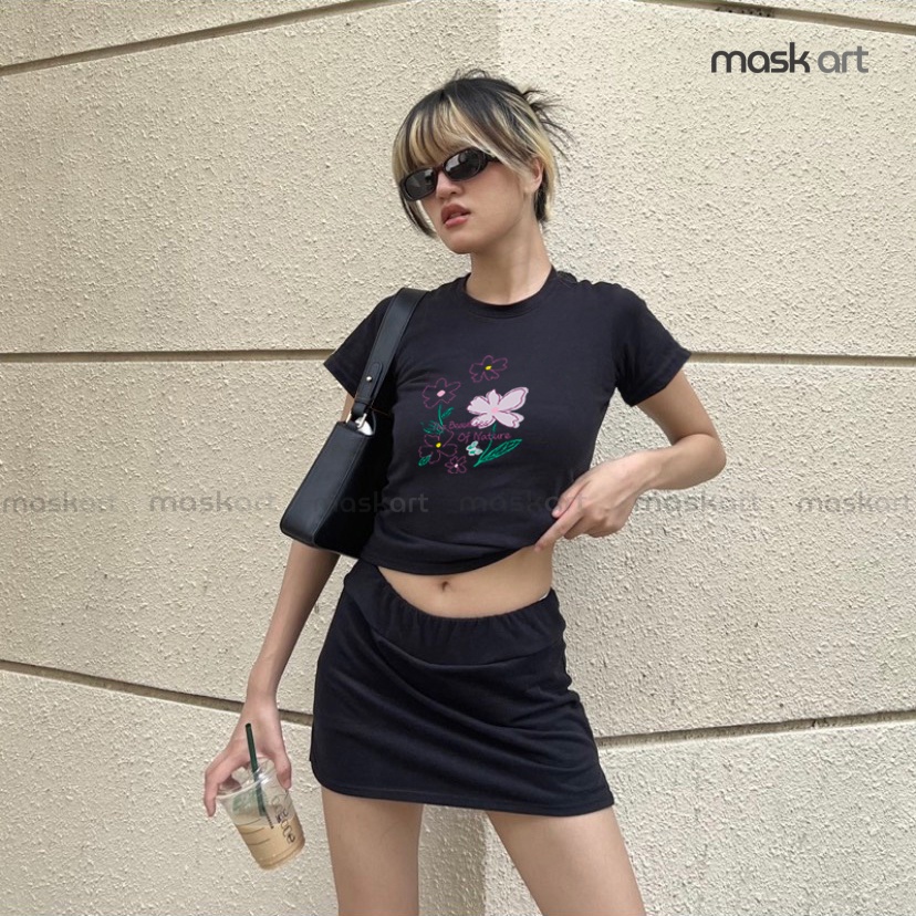 Áo thun baby tee y2k trắng đen Mask Art Cotton 100% in Hoa Tím Vintage ATH2301