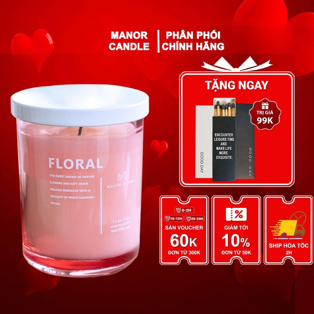 Nến Thơm FLORAL Hương Cam Kết Hợp Trái Đào Tươi Và Hoa Dành Dành, Manor Candle