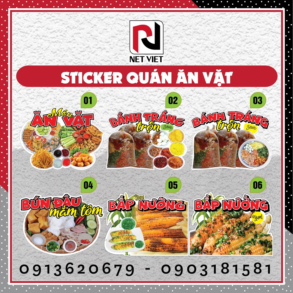Sticker, decal khổ lớn các món Ăn Vặt, Bánh Tráng Trộn, Hột vịt lộn, Ốc, Bánh Plan,...dán tủ kính - SHIP HỎA TỐC