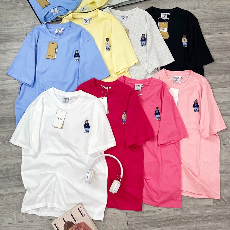 Áo thun nữ nam uniex ,áo phông thêu gấu whoau cổ tròn cotton dày dặn