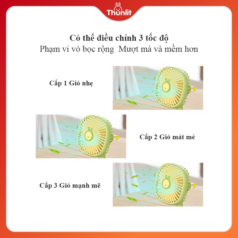 Quạt bàn USB THUNLIT có thể sạc lại 1200mah 3 tốc độ gió với đèn ngủ điều chỉnh được chuyên dụng
