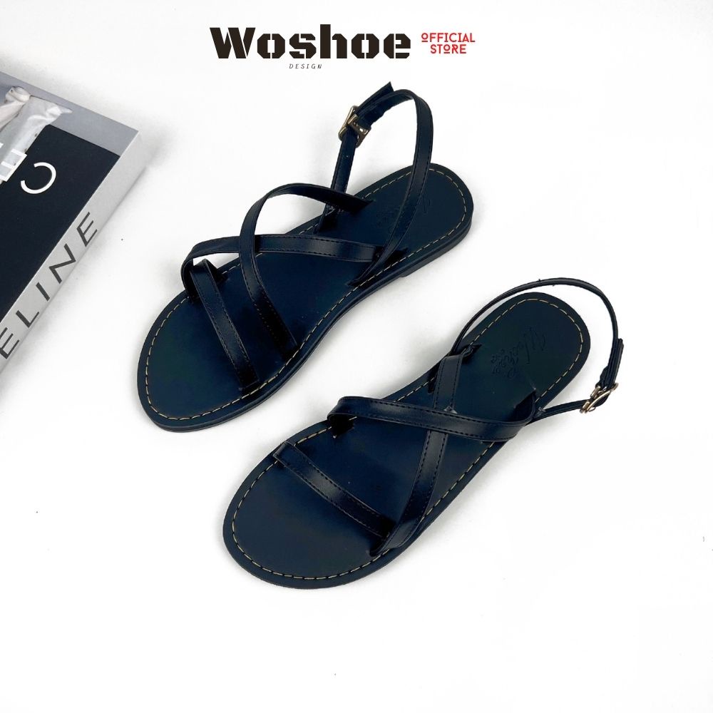 Giày sandal nữ quai chéo WOSHOE full đen đế bệt cao cấp hàn quốc bigsize 34-42