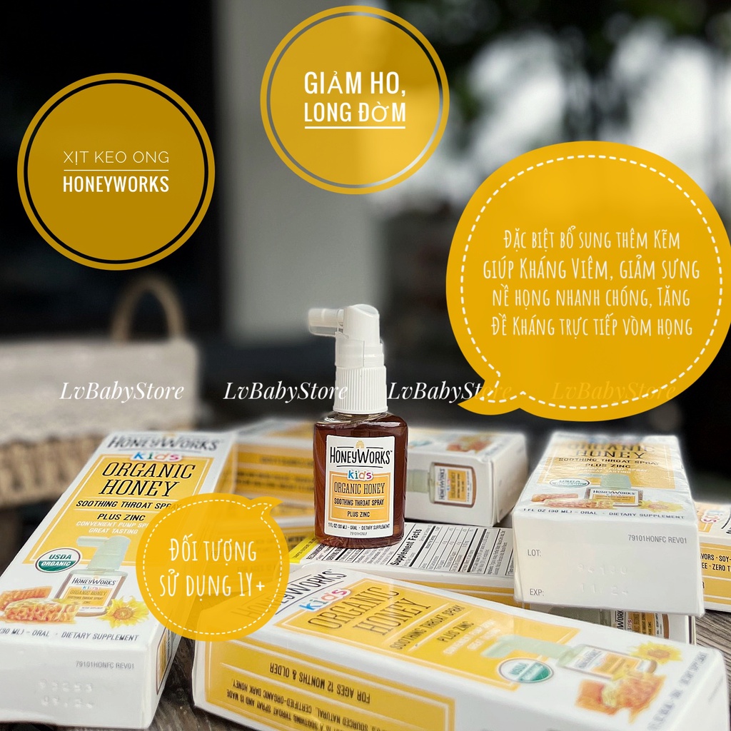 Xịt keo ong chứa kẽm HoneyWorks Kids Organic Honey cho bé trên 1 tuổi 30ml
