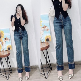 Quần Jean Ống Đứng Phối Gấu Thêu Hoa - Leda