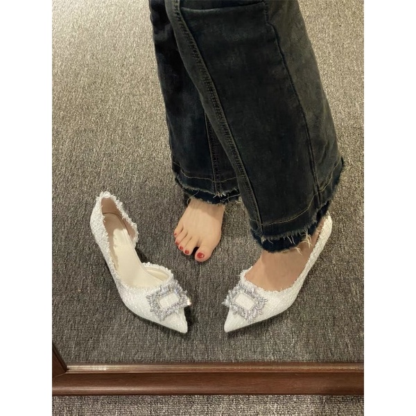 Giày cao gót dạ Tweed mũi nhọn đính đá vuông sang chảnh